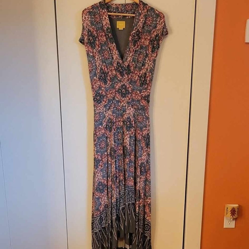 Anthropologie Maeve Faux-Wrap High Low Cap Sleeve Maxi Dress, Size 10